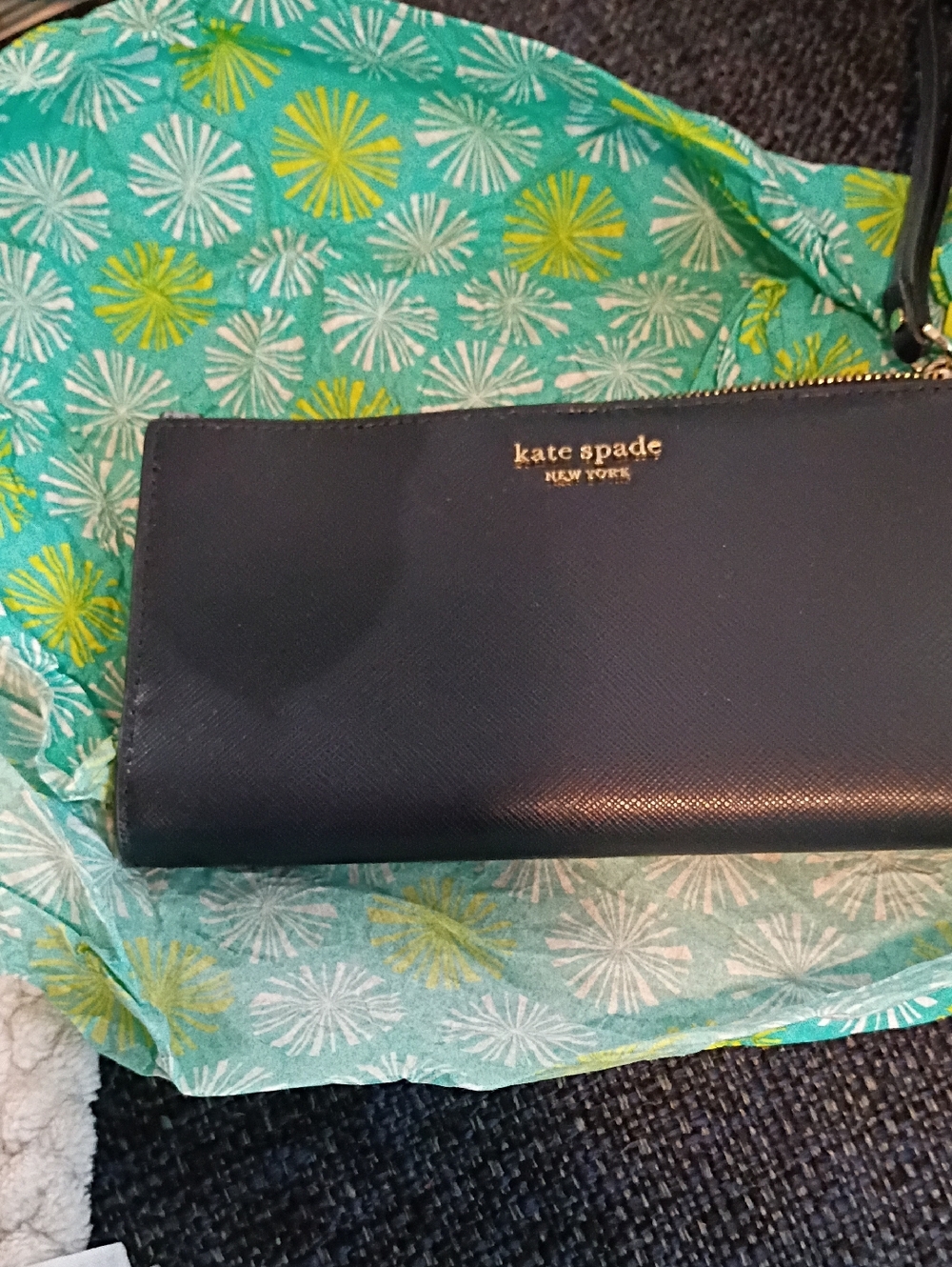 kate spade navy saffiano leather wristlet with gold logo